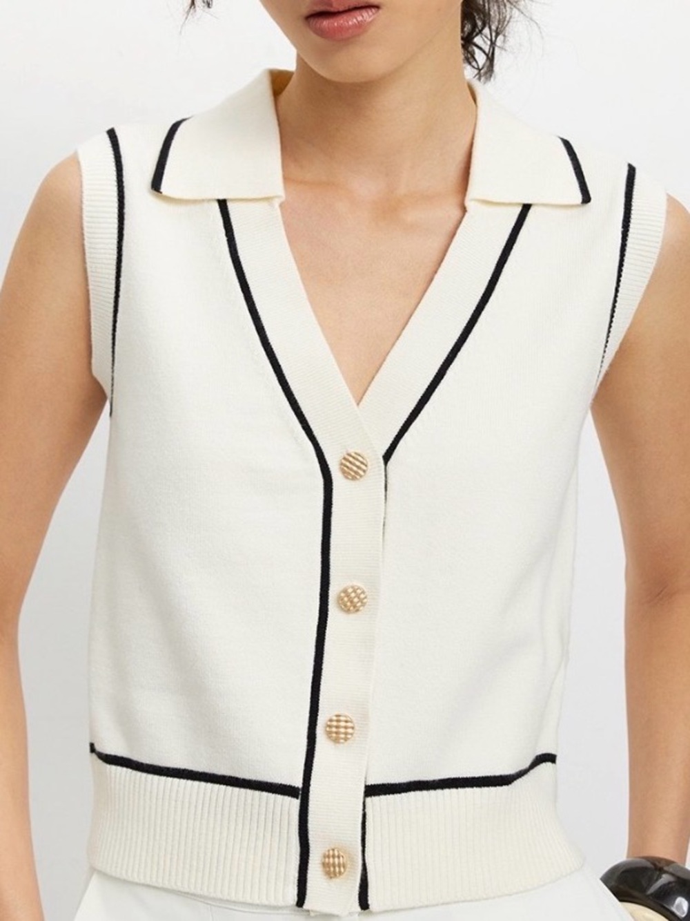 Vigoss Cream Sleeveless Knitted Polo Vest with Black Piping